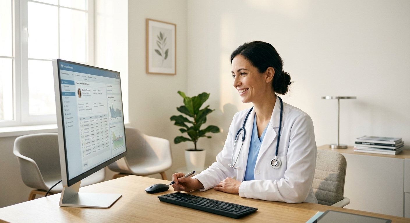 Médico utilizando o Tracer-MED em consultório.